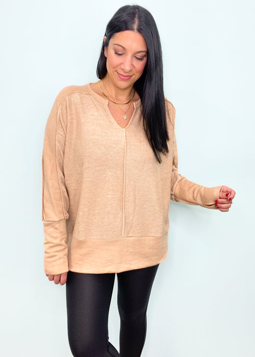 'Put it in Reverse' Taupe Reverse Terry Slouchy Top with Thumb Hole-So many details in this cozy top! A reverse french terry fabric body with equally soft banded trims. A slouchy fit & v-neck makes it such an easy piece to throw on for an everyday outfit.-Cali Moon Boutique, Plainville Connecticut