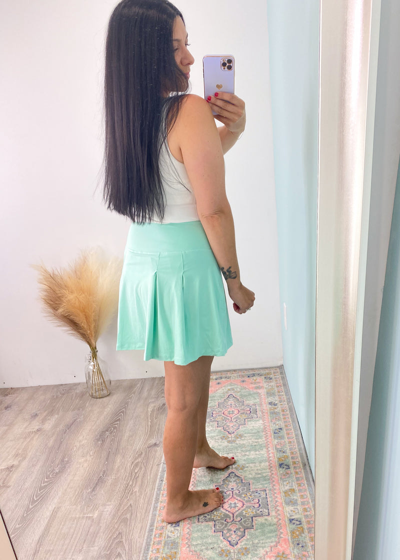 'At First Sight' Mint Soft & Stretchy Athleisure Skort-This skort has the most amazing butter soft and stretchy fabric! Your cutest athleisure looks await. Comfort for all day wear while splaying sports, exploring new cities or running around with the kids!-Cali Moon Boutique, Plainville Connecticut