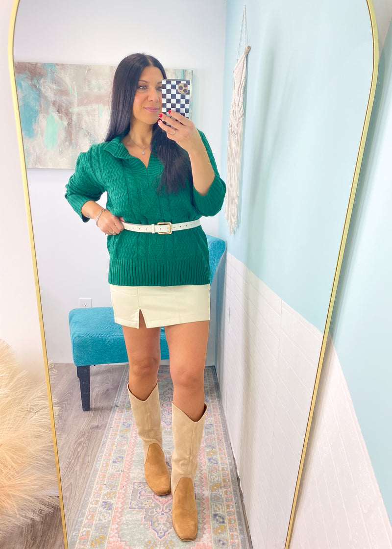 'Prancer' Hunter Green Notch V-Neck Oversized Cable Knit Sweater-A gorgeous Hunter Green sweater with a classic cable knit front &amp; notch v-neck adding extra detail!-Cali Moon Boutique, Plainville Connecticut