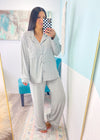 Heather Gray Ultra Soft Long Sleeve & Wide Leg Pants Pajamas-The coziest pajama set for your slow mornings and chill nights! This set is ultra soft, stretchy &amp; breathable featuring a button front, wide leg pant and chic piping trims.-Cali Moon Boutique, Plainville Connecticut