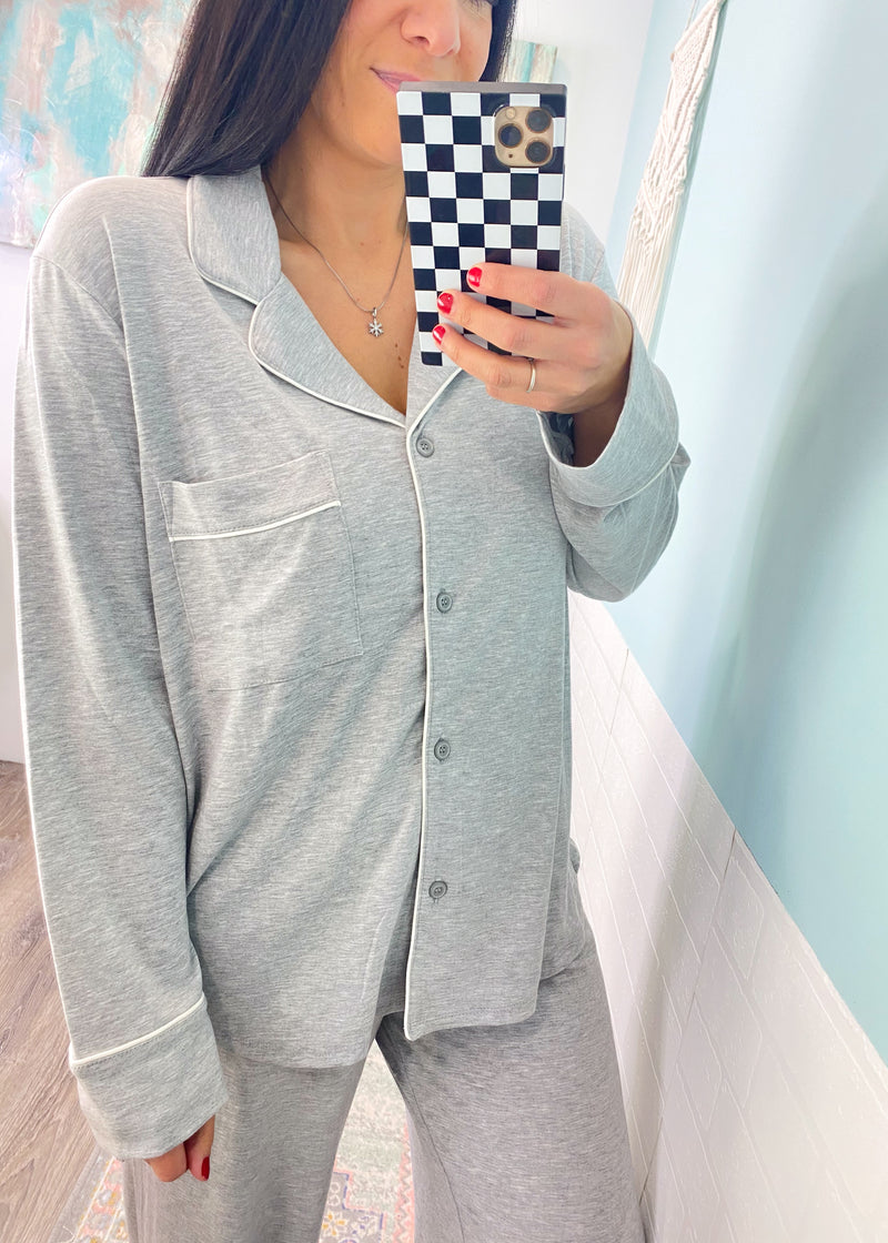 Heather Gray Ultra Soft Long Sleeve & Wide Leg Pants Pajamas-The coziest pajama set for your slow mornings and chill nights! This set is ultra soft, stretchy &amp; breathable featuring a button front, wide leg pant and chic piping trims.-Cali Moon Boutique, Plainville Connecticut