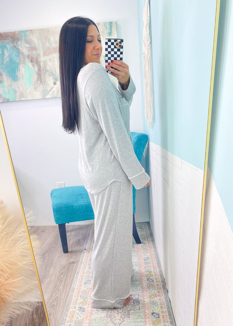 Heather Gray Ultra Soft Long Sleeve & Wide Leg Pants Pajamas-The coziest pajama set for your slow mornings and chill nights! This set is ultra soft, stretchy &amp; breathable featuring a button front, wide leg pant and chic piping trims.-Cali Moon Boutique, Plainville Connecticut