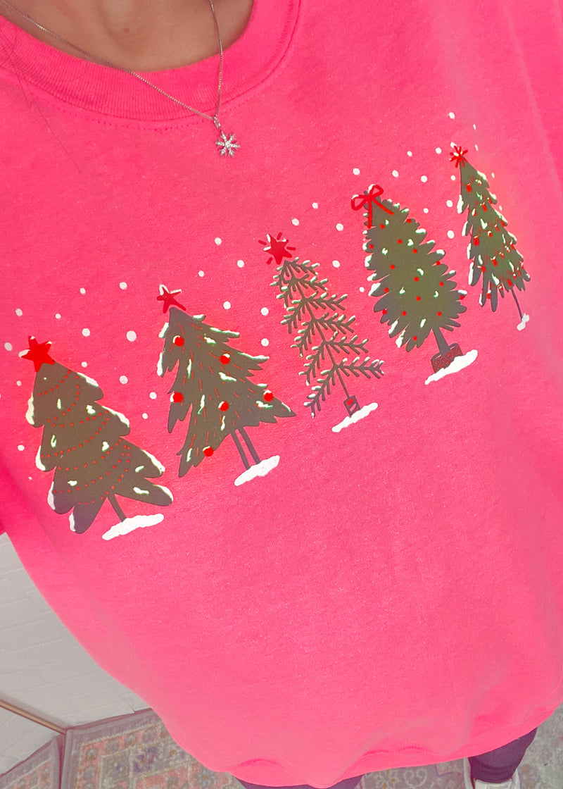 'Simply Having a Wonderful Christmas Time' Hot Pink Tree Row Double Sided Sweatshirt-'Simply Having a Wonderful Christmas Time' Hot Pink Tree Row Double Sided Sweatshirt-Cali Moon Boutique, Plainville Connecticut