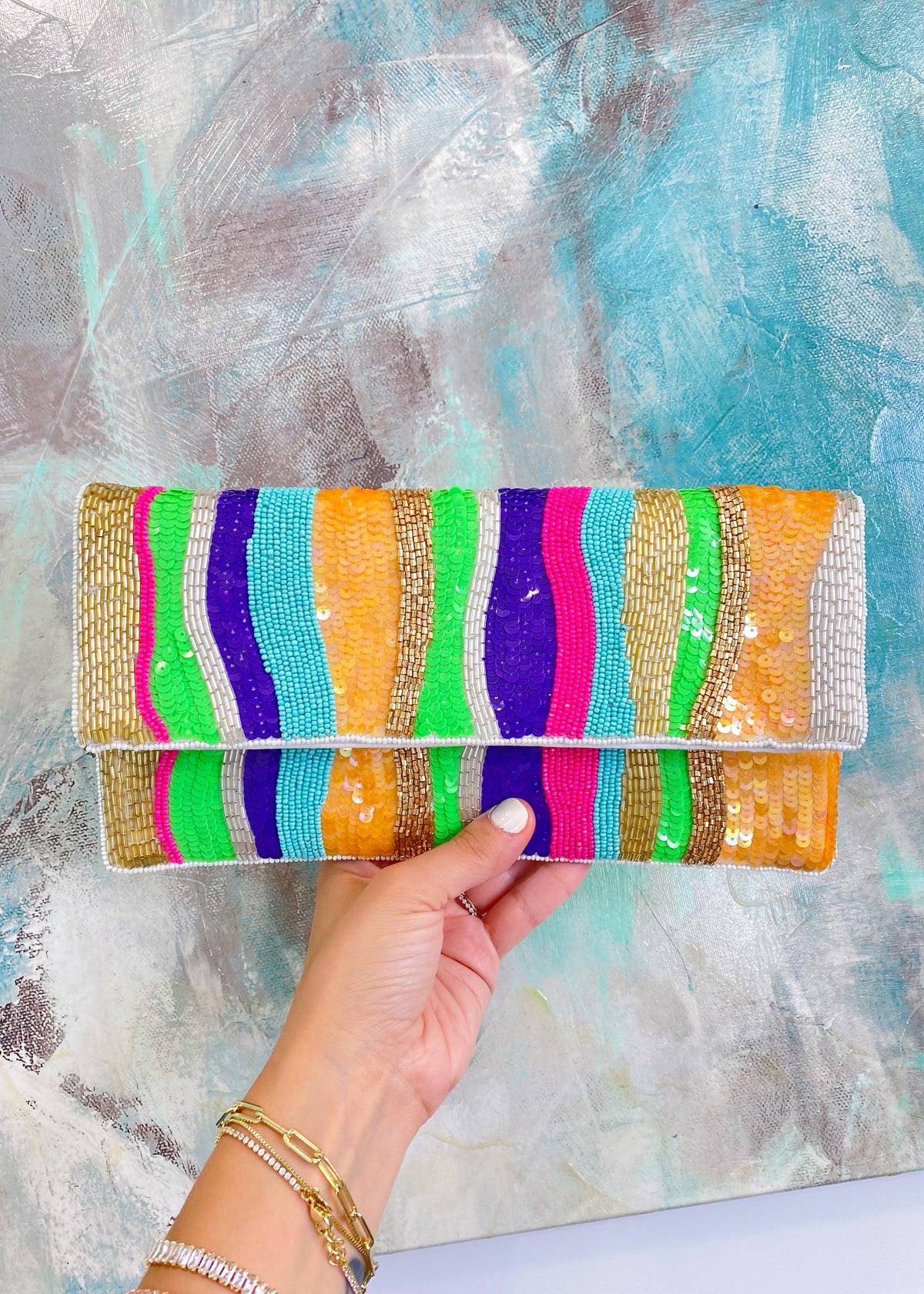 Multi Pop Color Wave Design Seed Bead Bag-Stand out from the crowd with this unique pop color handbag made with seed beads and can be worn as a crossbody, shoulder bag or clutch!-Cali Moon Boutique, Plainville Connecticut