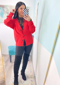 *DOORBUSTER* 'Sabrina' Ruby Red Button Front Soft Cardigan-A customer fav cardigan in a new gorgeous ruby red color perfect for Holidays &amp; beyond! A must have for your office days and fall/winter layers. You have to feel the ultra soft fabric to believe it!-Cali Moon Boutique, Plainville Connecticut