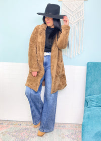 *DOORBUSTER* 'Cody' Notched Collar Camel Sherpa Coat-Chic &amp; super cozy? Sign us up! This fluffy sherpa jacket comes in a perfect neutral camel color,&nbsp; a knee length that can be worn both super casual or extra boujee!&nbsp;-Cali Moon Boutique, Plainville Connecticut