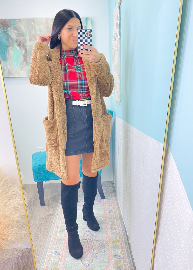 *DOORBUSTER* 'Cody' Notched Collar Camel Sherpa Coat-Chic &amp; super cozy? Sign us up! This fluffy sherpa jacket comes in a perfect neutral camel color,&nbsp; a knee length that can be worn both super casual or extra boujee!&nbsp;-Cali Moon Boutique, Plainville Connecticut