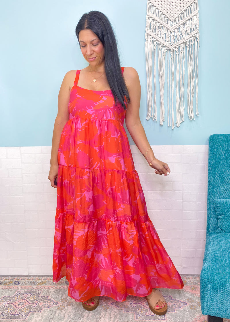 'No Shade' Hot Pink & Coral Tropical Palm Print Maxi Dress-We can almost smell the salt air when we put this pam print maxi dress on! This gorgeous print is a combo of hot pink, red and orange on a lightweight and flowy fabric to keep you cool all day! It's ready for everyday but also perfect for casual Summer weddings &amp; events!-Cali Moon Boutique, Plainville Connecticut