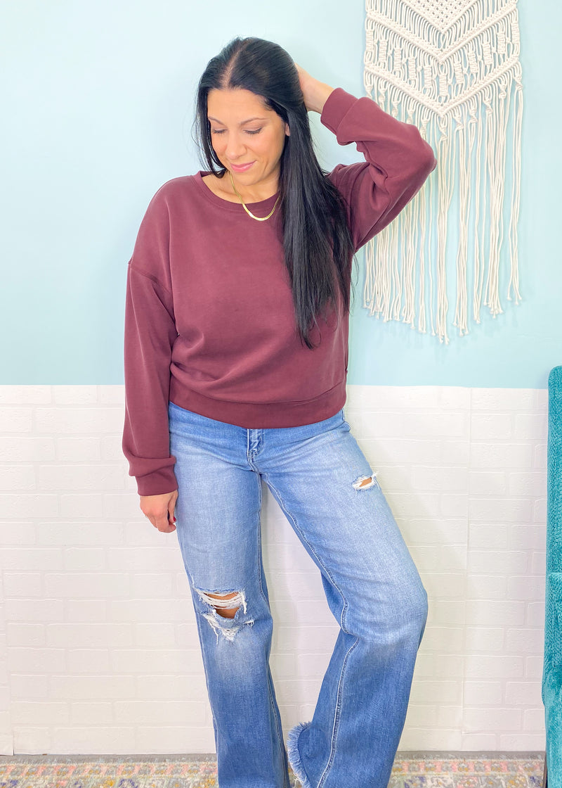 'Weekend Away' Techno Curpro Fabric Maroon Crew Neck-Techno cupro fabric is known for its luxurious (have to believe it) soft touch, sustainability &amp; breathability. This crew neck will be your new never want to take it off piece to wear with your fav athleisure bottoms. Matching wide leg pants here...-Cali Moon Boutique, Plainville Connecticut