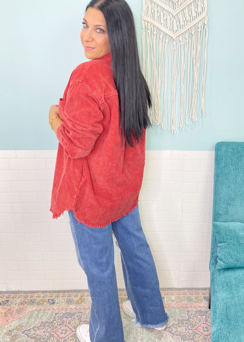 'Morning Chill' Terracotta Oversized Corduroy Snap Button Shacket-A gorgeous terracotta color with hints of red and orange giving cool &amp; warm undertones. Oversized fit with a soft to the touch corduroy fabric and soft lining.&nbsp; &nbsp;-Cali Moon Boutique, Plainville Connecticut