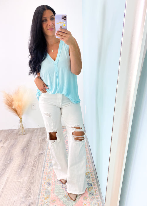 'No Bad Days' V-Neck Cloud Blue Soft Swing Tank-A boho style relaxed v-neck tank that is super soft to the touch. Looks great messy tucked or untucked with leggings. Wear layered with a denim or leather jacket in the Fall or on its own in the Spring/Summer.-Cali Moon Boutique, Plainville Connecticut