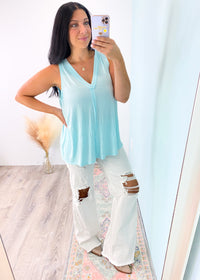 'No Bad Days' V-Neck Cloud Blue Soft Swing Tank-A boho style relaxed v-neck tank that is super soft to the touch. Looks great messy tucked or untucked with leggings. Wear layered with a denim or leather jacket in the Fall or on its own in the Spring/Summer.-Cali Moon Boutique, Plainville Connecticut