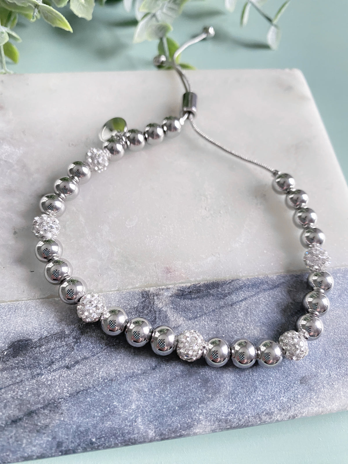 5MM Silver Two Tone Solid & Rhinestone Bead Adjustable Bracelet-A little bling, a little basic! This two tone beaded adjustable bracelet has the best of both worlds. The rhinestone filled beads give off tons of shine.-Cali Moon Boutique, Plainville Connecticut