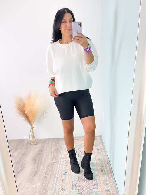 High Waist Pebble Biker Shorts-Our best selling leggings fabric now available in a biker short! High waist, tumm control, faux leather look without the stiff or crunchy fabric! Wear with oversized sweatshirts and sneakers for casual days or pair with a blazer and a tee for a night out!-Cali Moon Boutique, Plainville Connecticut