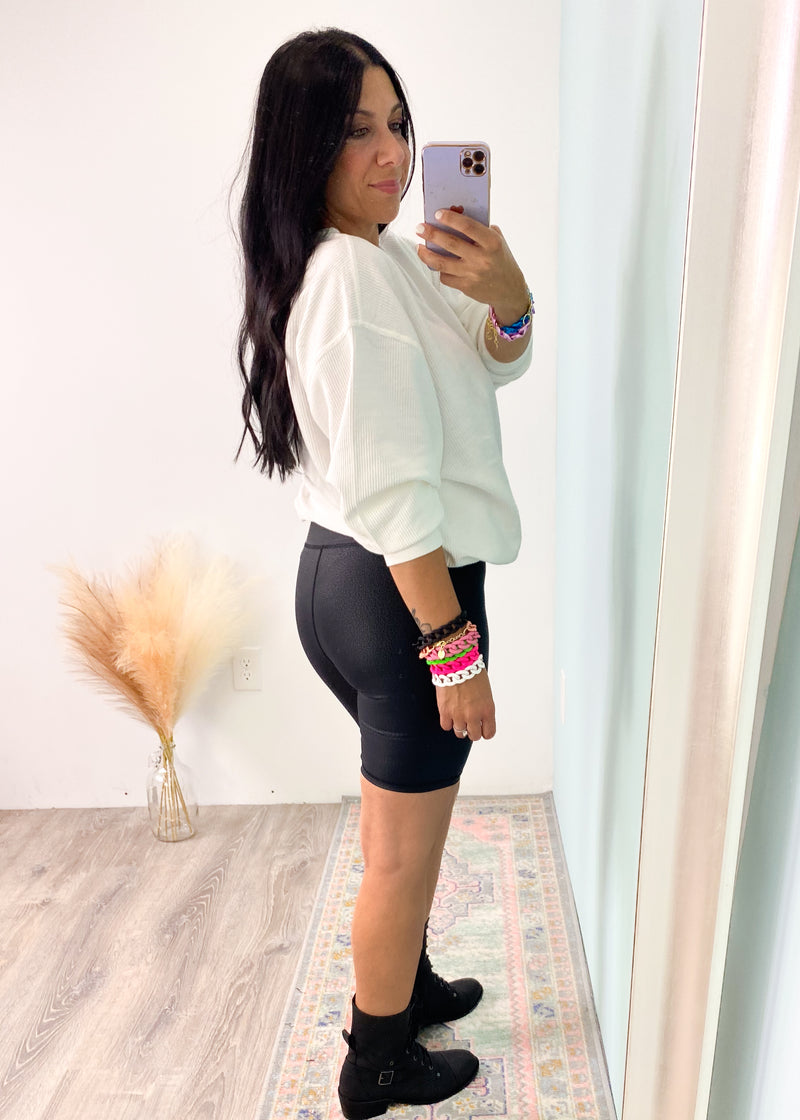 High Waist Pebble Biker Shorts-Our best selling leggings fabric now available in a biker short! High waist, tumm control, faux leather look without the stiff or crunchy fabric! Wear with oversized sweatshirts and sneakers for casual days or pair with a blazer and a tee for a night out!-Cali Moon Boutique, Plainville Connecticut