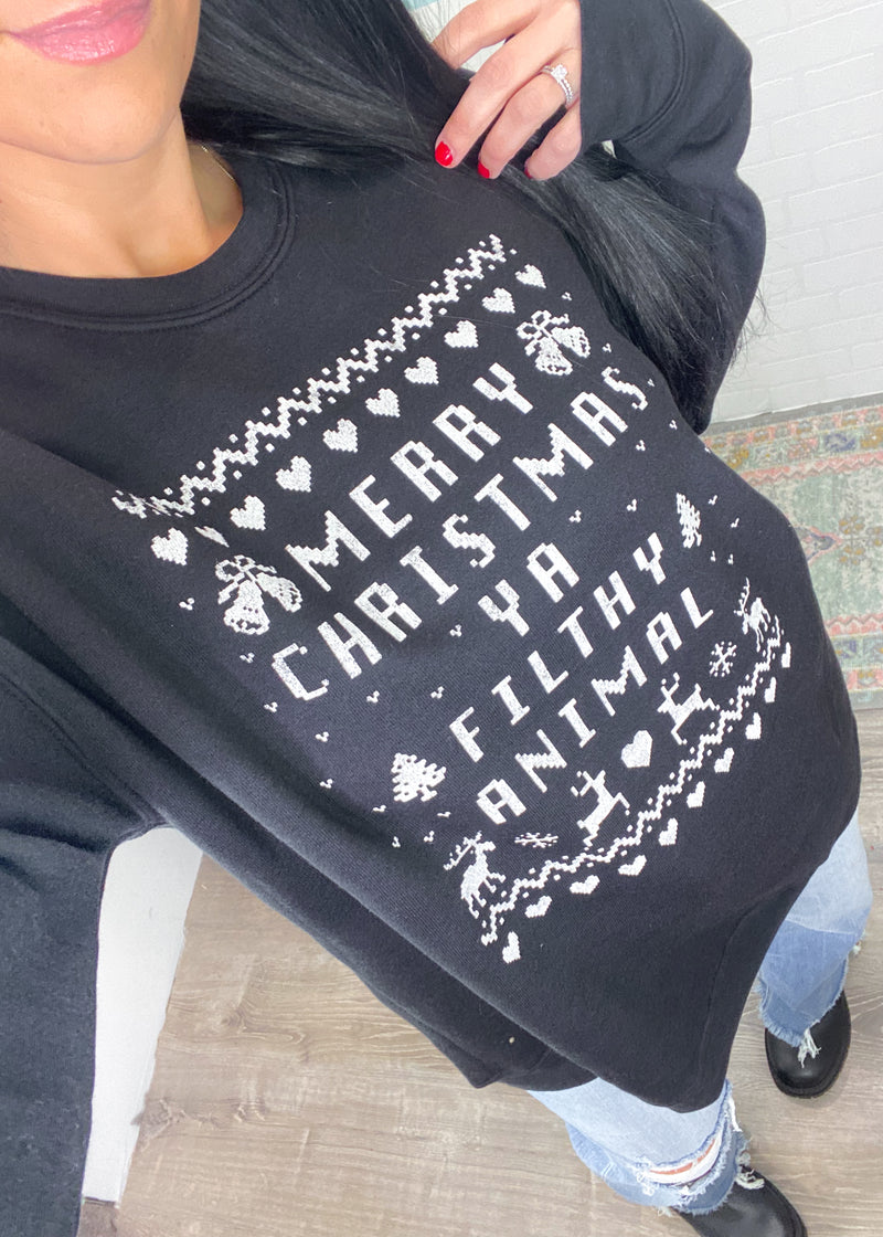 'Merry Christmas Ya Filthy Animal' Black Ultra Cozy Sweatshirt-**CUSTOMER FAVORITE BRAND** Time and time again, these ultra cozy sweatshirts are a customer fav for good reason! This one is the perfect style to wear when you're home alone or during the holidays! Doubles as an ugly sweater option!-Cali Moon Boutique, Plainville Connecticut