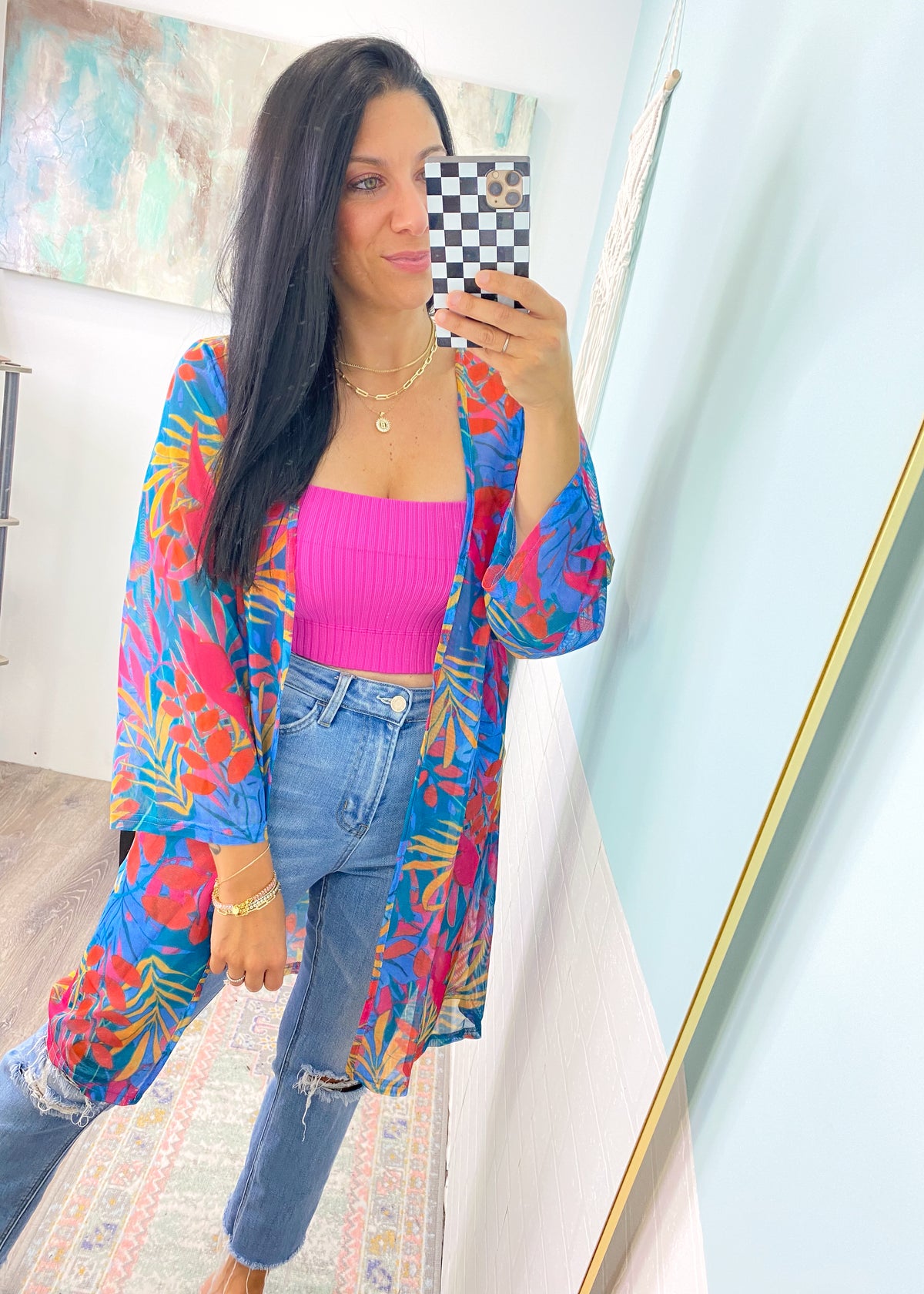 'Paradise Awaits' Turquoise Tropical Print Kimono-The gorgeous colors in this tropical print kimono will turn heads! Pops of pink &amp; orange on a turquoise base is beach &amp; Summer days ready! Wear as part of your outfit or as a bathing suit coverup-Cali Moon Boutique, Plainville Connecticut