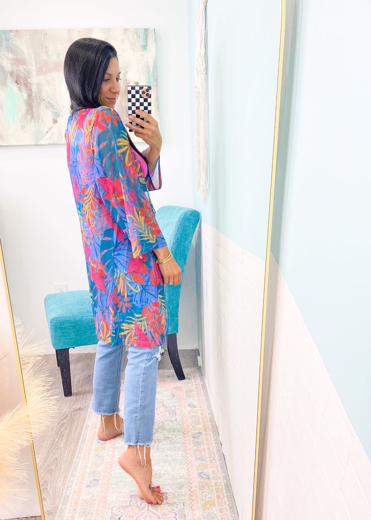 'Paradise Awaits' Turquoise Tropical Print Kimono-The gorgeous colors in this tropical print kimono will turn heads! Pops of pink &amp; orange on a turquoise base is beach &amp; Summer days ready! Wear as part of your outfit or as a bathing suit coverup-Cali Moon Boutique, Plainville Connecticut