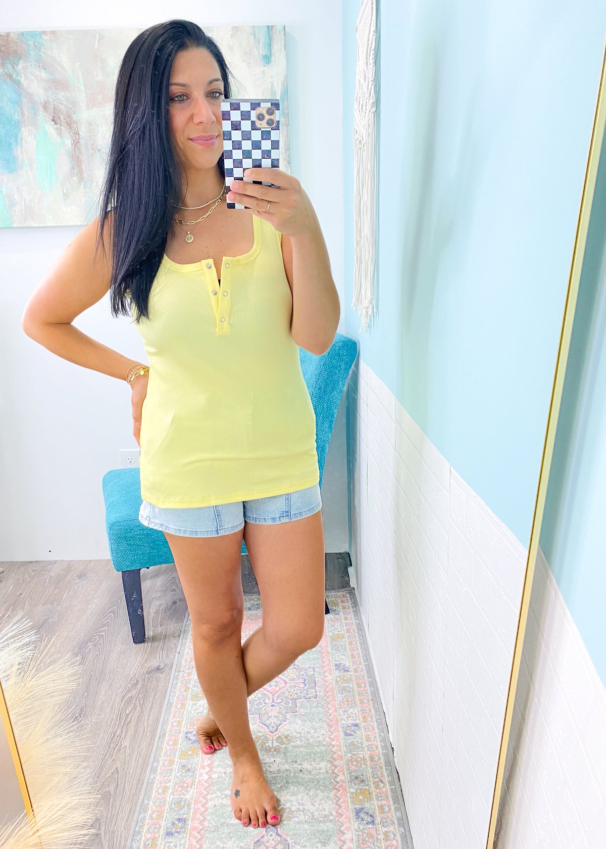 'Stars Align' Soft Yellow Snap Henley Tank-This tank is made from the same luxurious ribbed fabric as our Hailey long sleeve henley! A perfect throw on and go Summer tank that can be layered or worn alone-Cali Moon Boutique, Plainville Connecticut