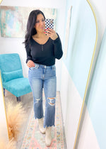 'Amari' Vervet High Waist Cropped Distressed Jeans-Going down memory lane in these light wash cargo jeans! These Vervet jeans have the 90's coveted cargo pocket but updated to a modern and chic look! High waist, full length, comfort stretch and straight wide leg. These look adorable with booties and heels just as well as with sneakers! Pair with oversized sweaters or tucked in tops.-Cali Moon Boutique, Plainville Connecticut