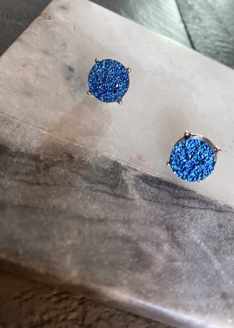 Blue Round Druzy Earrings-Cali Moon Boutique, Plainville Connecticut