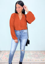 'Pleats & Thank You' Rust Pleated Bodysuit-The perfect Fall bodysuit to take on workdays and nights out! The relaxed and comfortable fabric is a bonus to the adorable all over pleating details. -Cali Moon Boutique, Plainville Connecticut
