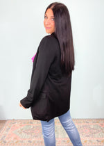'Money Moves' Black Longline Boyfriend Fit Blazer-This black long length boyfriend fit blazer is a must have for Fall/Winter! From the office to nights out it will never disappoint! A perfect pairing with jeans and boots or office attire!-Cali Moon Boutique, Plainville Connecticut