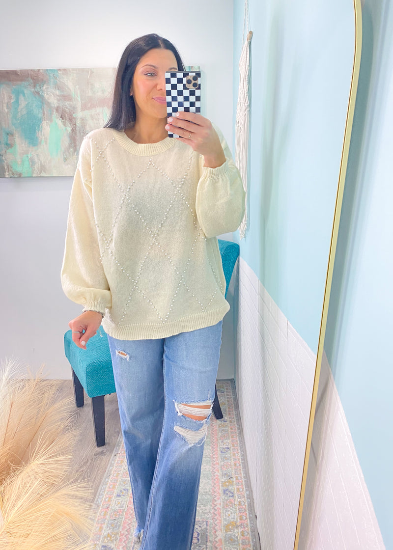 'Center of Attention' Cream Lightweight Sweater with Pearl Details-This neutral color cream sweater is lightweight with the prettiest pearl front details! Great for Fall, Winter and Spring transition. Elevated casual sweater that can be dressed up or worn casual.-Cali Moon Boutique, Plainville Connecticut