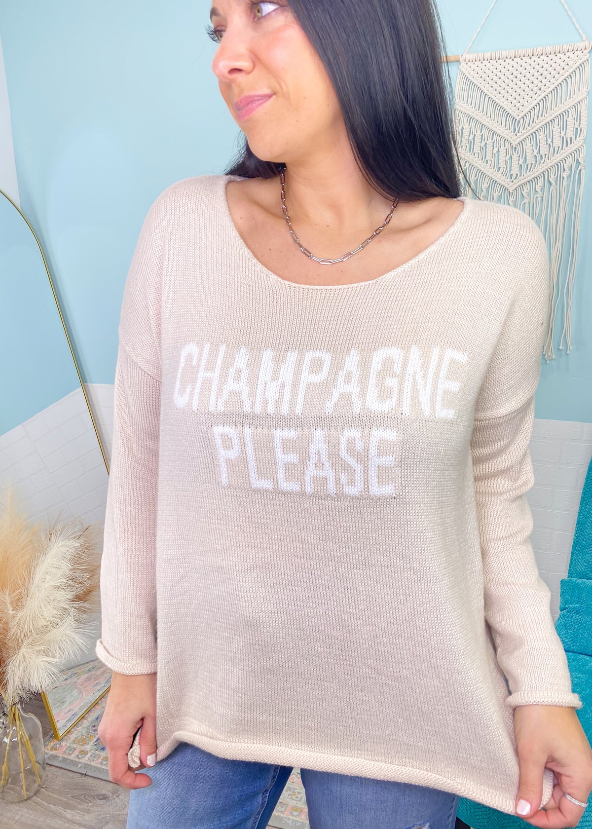 'Champagne Please' Beige & White Lightweight Sweater-The unique cable knit balloon sleeves elevates this black sweater and allows you to dress it up or wear super casual. This amazingly soft sweater will be a new fav.-Cali Moon Boutique, Plainville Connecticut