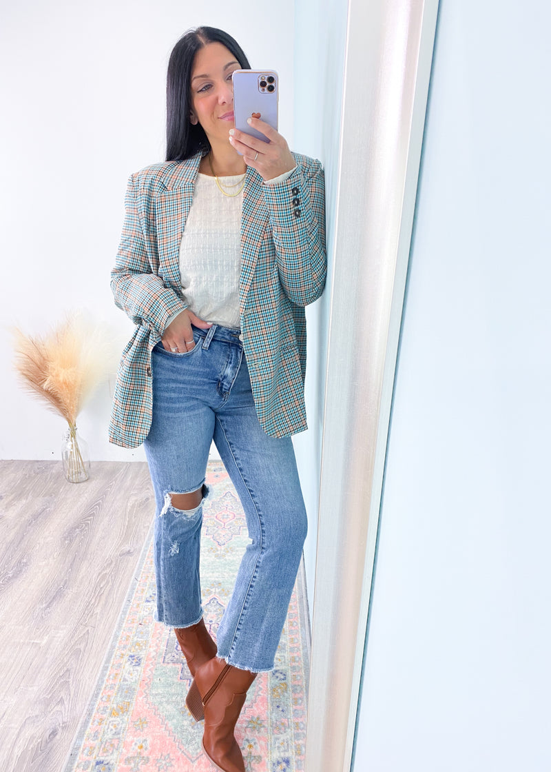 'Boss Behavior' Turquoise & Orange Plaid Oversized Boyfriend Blazer-The oversized and relaxed silhouette of this plaid Blazer gives a chic city girl look without trying! Pair with jeans, boots & a fitted top for an effortless night out look or add a pair of cropped trouser pants, loafers & mock neck for an office chic relaxed vibe.-Cali Moon Boutique, Plainville Connecticut