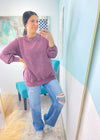 'Staying In' Eggplant Vintage Washed Sweatshirt-The unique cable knit balloon sleeves elevates this black sweater and allows you to dress it up or wear super casual. This amazingly soft sweater will be a new fav.-Cali Moon Boutique, Plainville Connecticut