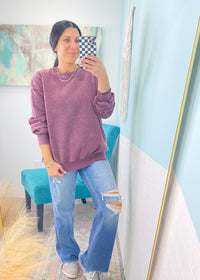 'Staying In' Eggplant Vintage Washed Sweatshirt-The unique cable knit balloon sleeves elevates this black sweater and allows you to dress it up or wear super casual. This amazingly soft sweater will be a new fav.-Cali Moon Boutique, Plainville Connecticut