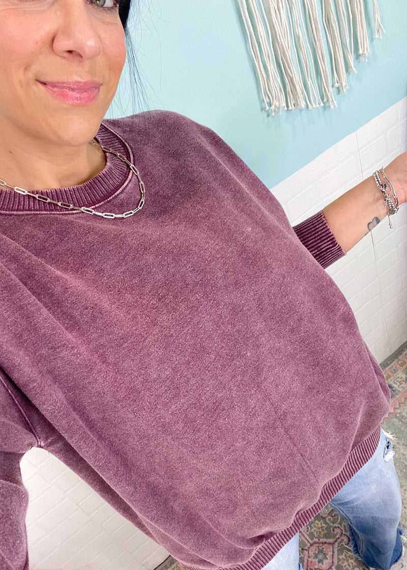 'Staying In' Eggplant Vintage Washed Sweatshirt-The unique cable knit balloon sleeves elevates this black sweater and allows you to dress it up or wear super casual. This amazingly soft sweater will be a new fav.-Cali Moon Boutique, Plainville Connecticut