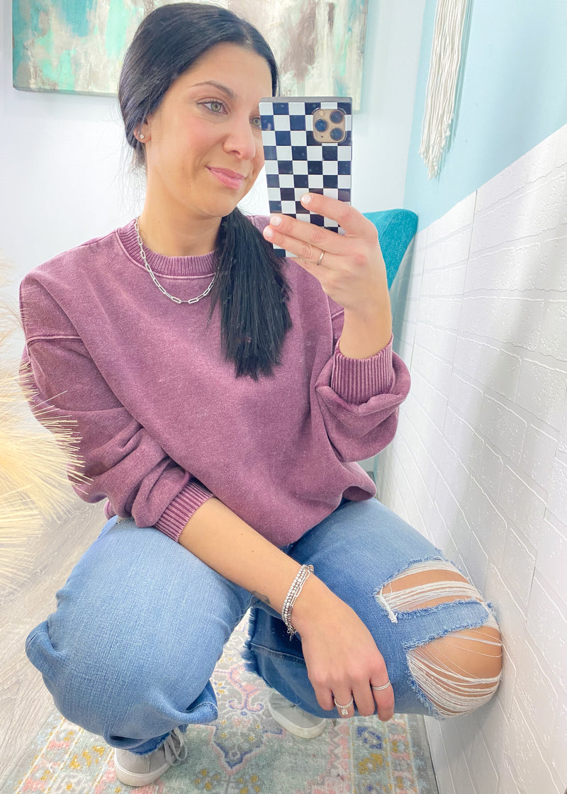 'Staying In' Eggplant Vintage Washed Sweatshirt-The unique cable knit balloon sleeves elevates this black sweater and allows you to dress it up or wear super casual. This amazingly soft sweater will be a new fav.-Cali Moon Boutique, Plainville Connecticut