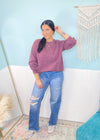 'Staying In' Eggplant Vintage Washed Sweatshirt-The unique cable knit balloon sleeves elevates this black sweater and allows you to dress it up or wear super casual. This amazingly soft sweater will be a new fav.-Cali Moon Boutique, Plainville Connecticut