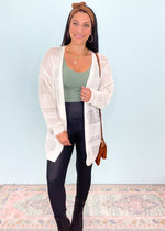 'Casual Fridays' Cream Lightweight Paneled Crochet Cardigan-You can never have too many cardis! This cream color cardigan will match with all your Fall colors and the lightweight fabric is perfect for the transition to cooler weather.-Cali Moon Boutique, Plainville Connecticut