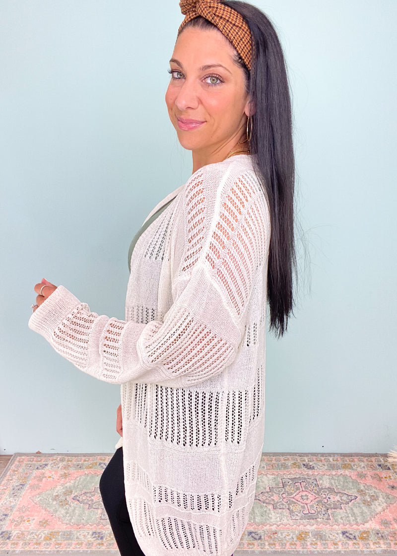 'Casual Fridays' Cream Lightweight Paneled Crochet Cardigan-You can never have too many cardis! This cream color cardigan will match with all your Fall colors and the lightweight fabric is perfect for the transition to cooler weather.-Cali Moon Boutique, Plainville Connecticut