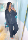 'Sweet Dreams' Black Ultra Soft Long Sleeve & Wide Leg Pants Pajamas-The coziest pajama set for your slow mornings and chill nights! This set is ultra soft, stretchy &amp; breathable featuring a button front, wide leg pant and chic piping trims.-Cali Moon Boutique, Plainville Connecticut