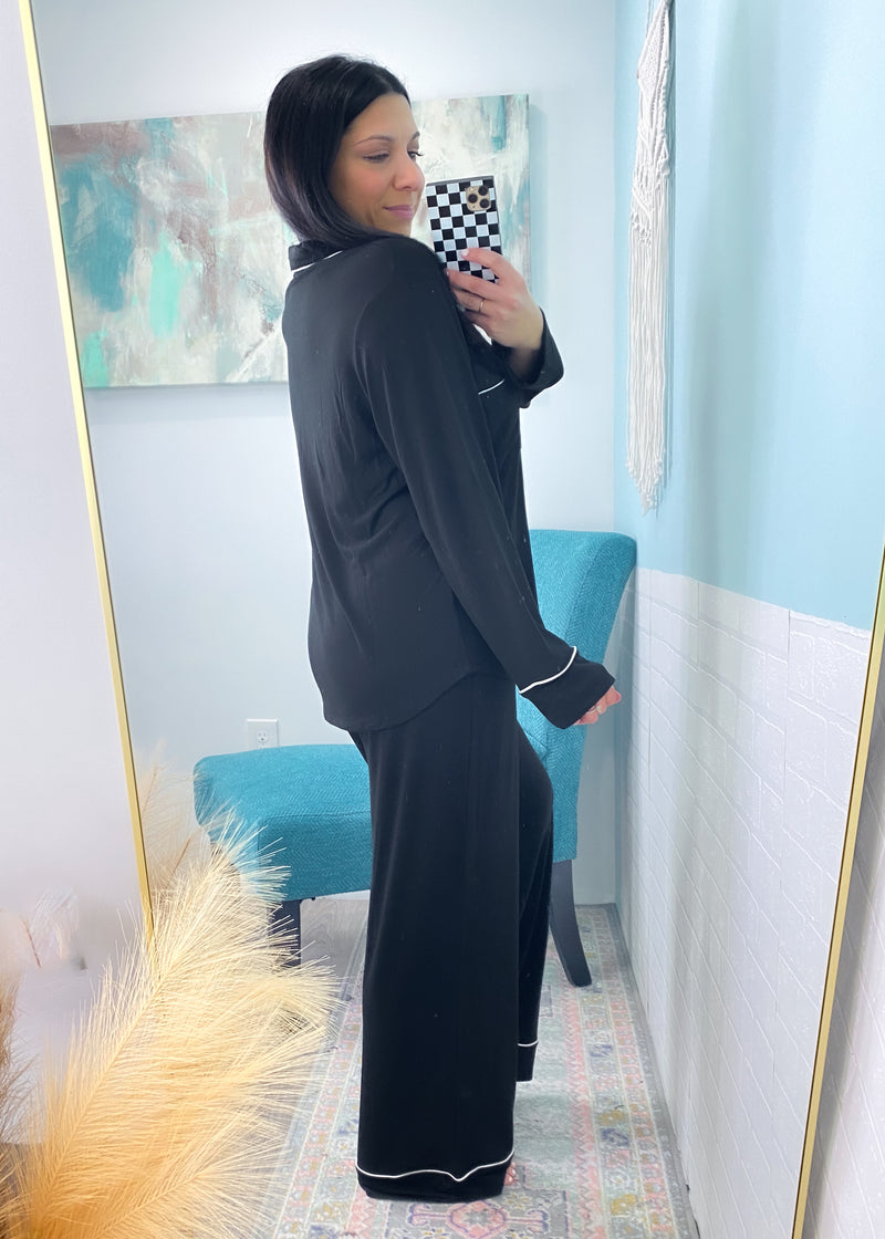 'Sweet Dreams' Black Ultra Soft Long Sleeve & Wide Leg Pants Pajamas-The coziest pajama set for your slow mornings and chill nights! This set is ultra soft, stretchy &amp; breathable featuring a button front, wide leg pant and chic piping trims.-Cali Moon Boutique, Plainville Connecticut