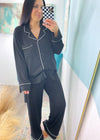 'Sweet Dreams' Black Ultra Soft Long Sleeve & Wide Leg Pants Pajamas-The coziest pajama set for your slow mornings and chill nights! This set is ultra soft, stretchy &amp; breathable featuring a button front, wide leg pant and chic piping trims.-Cali Moon Boutique, Plainville Connecticut