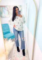 'Cupid's Confetti' Ivory Sweater with Black Embroidered Hearts-Cue the confetti! This sweater is as sweet as they come with a super soft and stretchy fabric, ivory base with black embroidered hearts all over. -Cali Moon Boutique, Plainville Connecticut