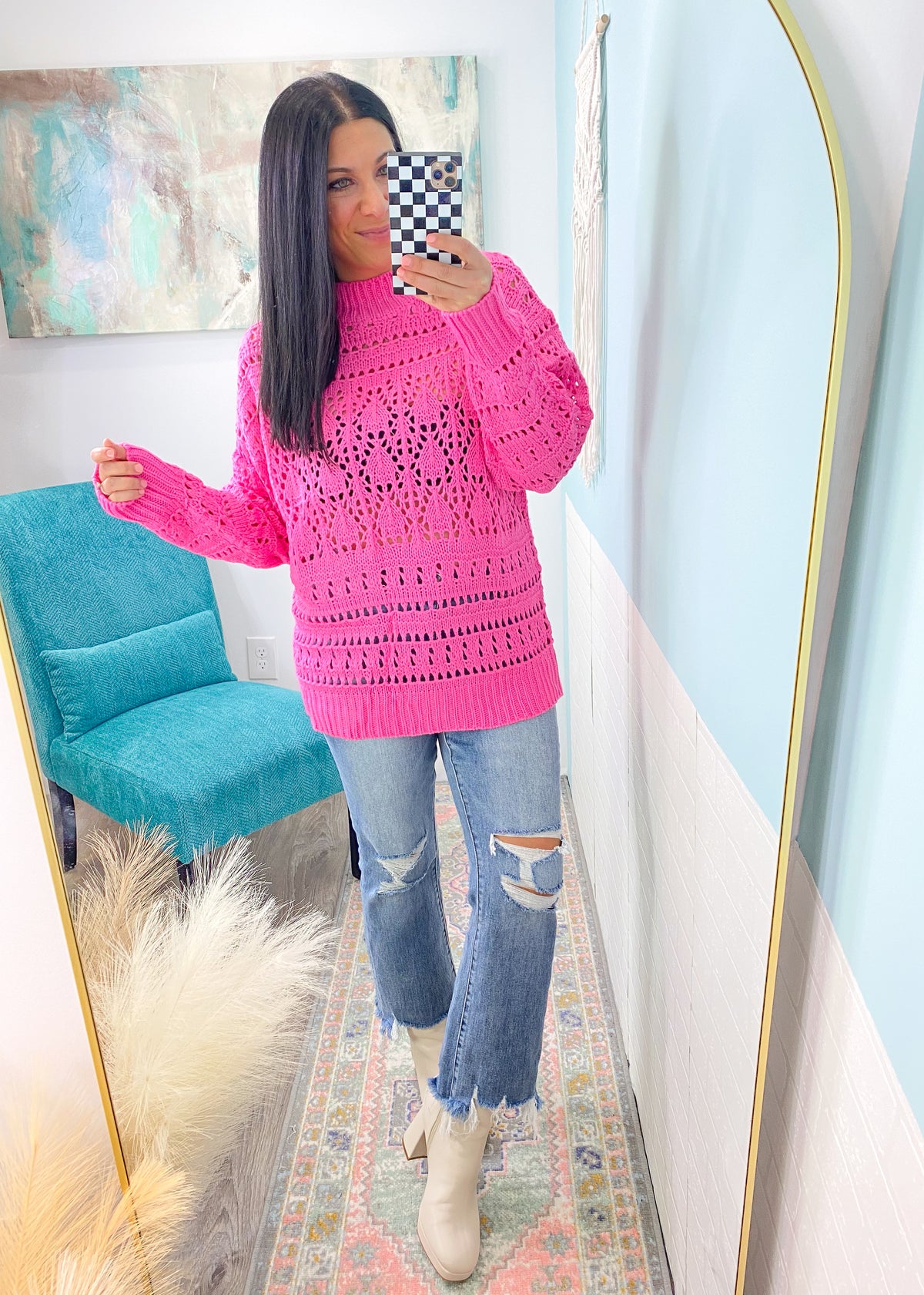 'Adore You' Oversized Hot Pink Crochet Mock Neck Sweater-This oversized fit sweater has a gorgeous crochet design. The mock neck adds a chic look & the hot pink pairs well with all shades of denim and black jeans/leggings.-Cali Moon Boutique, Plainville Connecticut