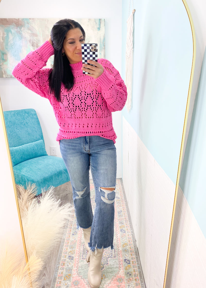 'Adore You' Oversized Hot Pink Crochet Mock Neck Sweater-This oversized fit sweater has a gorgeous crochet design. The mock neck adds a chic look & the hot pink pairs well with all shades of denim and black jeans/leggings.-Cali Moon Boutique, Plainville Connecticut