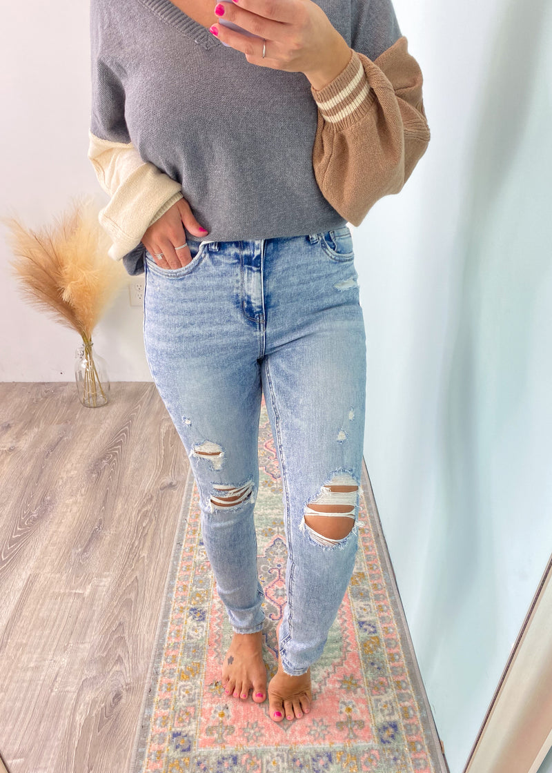 'Skyler' Vervet High Waist Light Wash Distressed Skinny Jeans-These skinny jeans have just the right amount of distressing with the best light wash color! Wear them all year with your oversized sweaters and boots in the Fall or with your tanks & sandals in the Summer! Vervet Jeans-Cali Moon Boutique, Plainville Connecticut