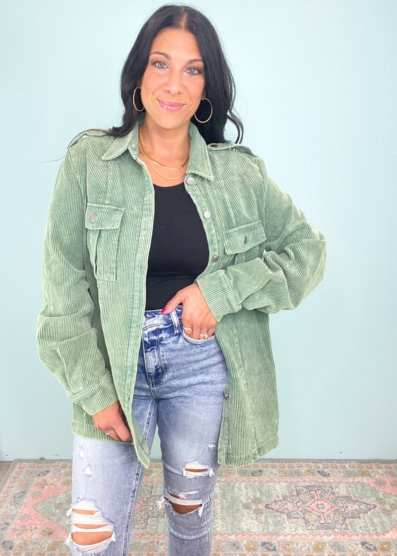 'Change of Weather' Mineral Washed Olive Corduroy Jacket-This olive corduroy jacket is the easiest decision to throw on and go while instantly elevating your outfit! Wear as a layer or as THE outfit. The Mineral Washed Olive green can be paired with all neutrals!-Cali Moon Boutique, Plainville Connecticut