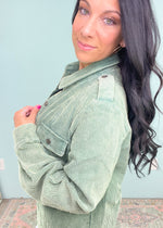 'Change of Weather' Mineral Washed Olive Corduroy Jacket-This olive corduroy jacket is the easiest decision to throw on and go while instantly elevating your outfit! Wear as a layer or as THE outfit. The Mineral Washed Olive green can be paired with all neutrals!-Cali Moon Boutique, Plainville Connecticut