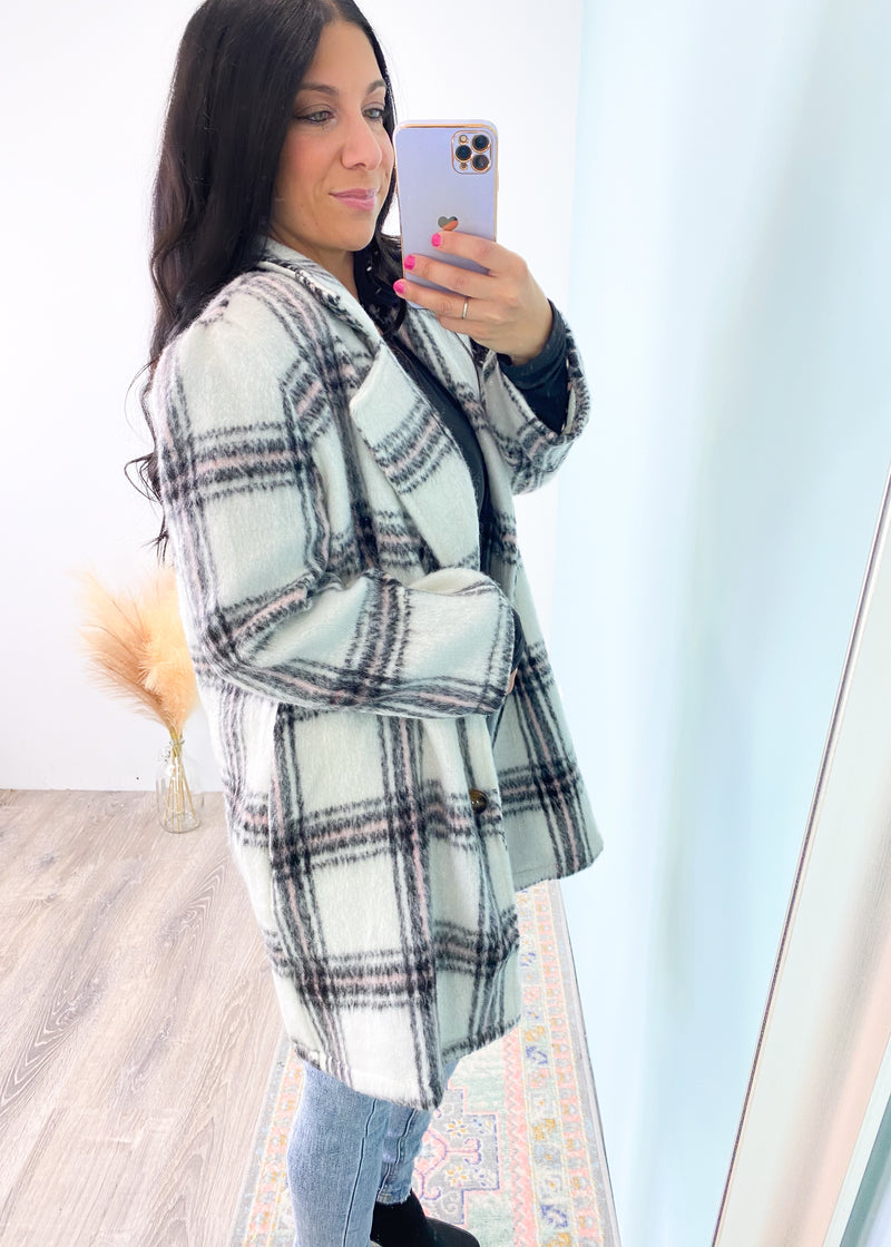 'Plaid to Meet You' Ivory & Pink Plaid Oversized Tunic Coat-This olive corduroy jacket is the easiest decision to throw on and go while instantly elevating your outfit! Wear as a layer or as THE outfit. The Mineral Washed Olive green can be paired with all neutrals!-Cali Moon Boutique, Plainville Connecticut