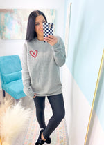 'Scripted' Scribble Heart Heather Gray Ultra Cozy Sweatshirt-**CUSTOMER FAVORITE BRAND** Time and time again, these ultra cozy sweatshirts are a customer fav for good reason! Prepare to fall in love with this new design featuring a red script scribble heart chest design.-Cali Moon Boutique, Plainville Connecticut