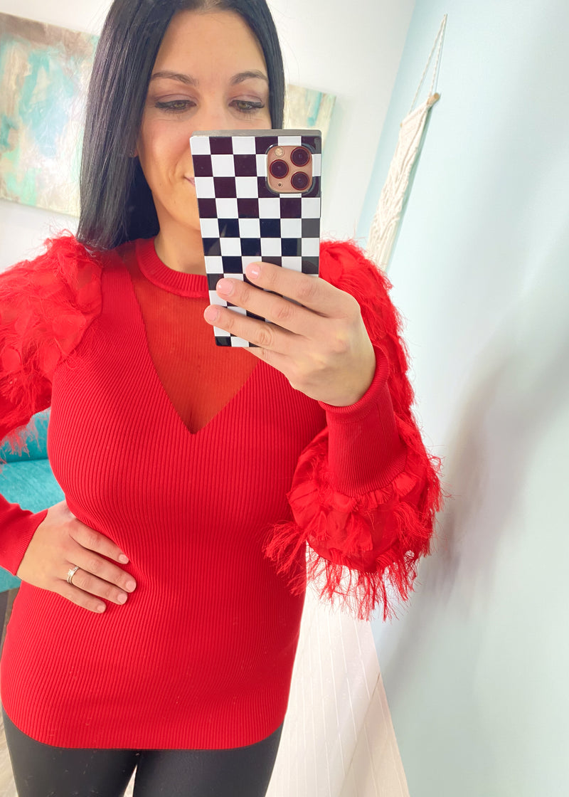 'Hot Tamale' Red Mesh Inset Feather Sleeve Ribbed Top-Hot dang!! This red hot top features feather tassel sleeves, a sexy mesh v-neck inset and a flattering fitted silhouette. -Cali Moon Boutique, Plainville Connecticut