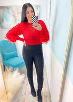 'Hot Tamale' Red Mesh Inset Feather Sleeve Ribbed Top-Hot dang!! This red hot top features feather tassel sleeves, a sexy mesh v-neck inset and a flattering fitted silhouette. -Cali Moon Boutique, Plainville Connecticut